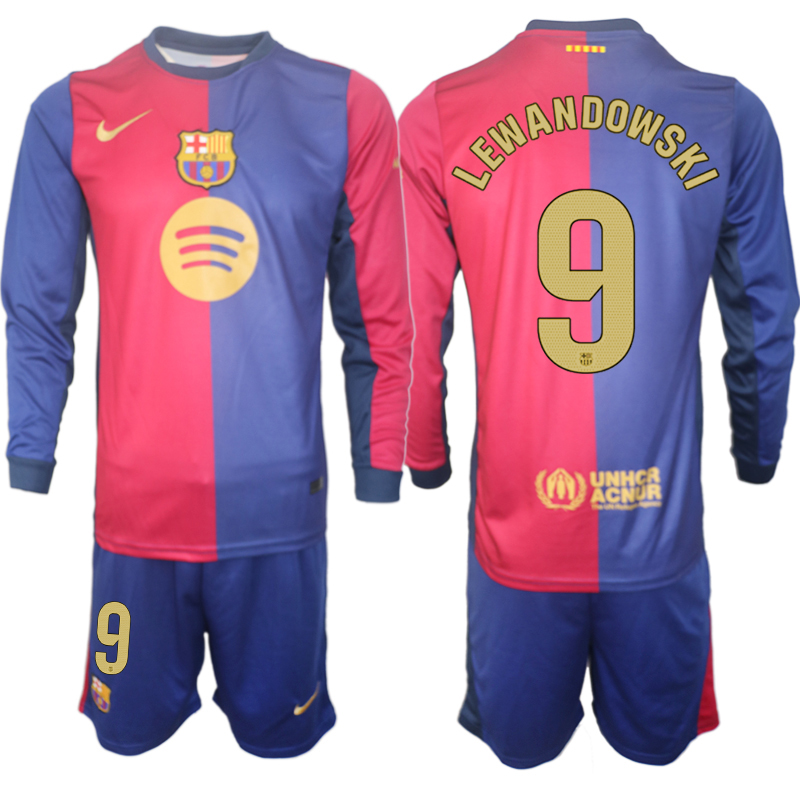 Men 2024-2025 Club Barcelona home Long Sleeves Blue #9 Soccer Jersey